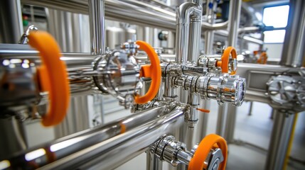 Poster - Metal Pipes with Orange Handles in Industrial Facility Setup