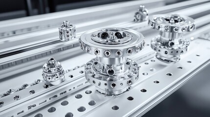Poster - Automotive components during the assembly process in an automated line showcasing efficiency and technological advancement Stock Photo with side copy space