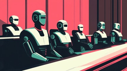 Poster - Futuristic Robots in a Conference Room Setting with Soft Lighting