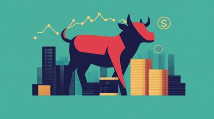 Poster - Bull Market Symbol with Stylized Bull and Financial Icons in Background