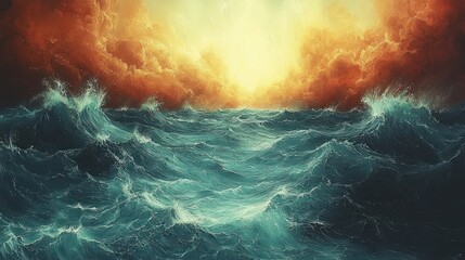 Wall Mural - Stormy sea with orange sky.