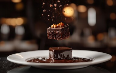 A decadent chocolate dessert plate hovering in mid-air with a blurred fine-dining ambiance