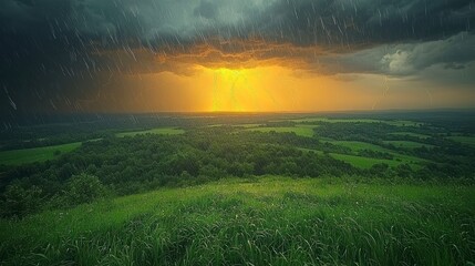 Sticker - Stormy sunset over green hills.