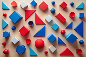Poster - Minimalist Geometric Flat Lay: Red & Blue Shapes for Modern Design Inspiration