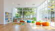 © Rachakrit - bright kindergarten playroom featuring colorful toys, bean bags, and large windows. space is inviting and cheerful, perfect for children