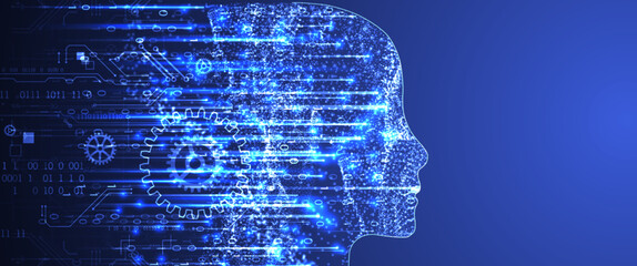 Poster - Artificial Intelligence. Technical background with a silhouette of a man. Big data concept. Machine cyber mind.