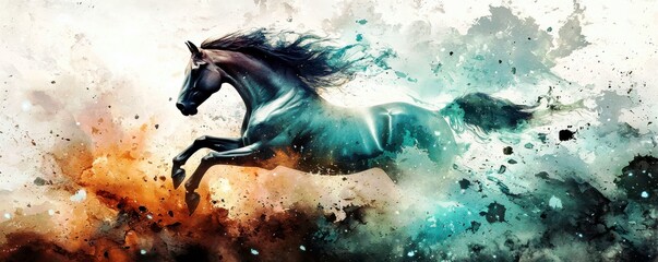 Poster - Majestic horse leaps through vibrant splashes of color, showcasing strength and grace in a dynamic artistic representation of nature's beauty
