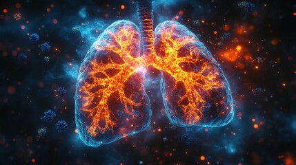 Poster - colorful cloud of bacteria with fiery highlights in lungs contrasting against a dark background, abs