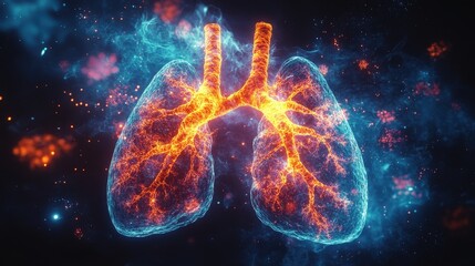 Poster - colorful representation of bacteria in clouds around lungs with wild flies flying from left to right