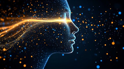 Poster - Glowing Particle Trails Form Abstract Woman s Face Profile, Futuristic Design, Digital Art