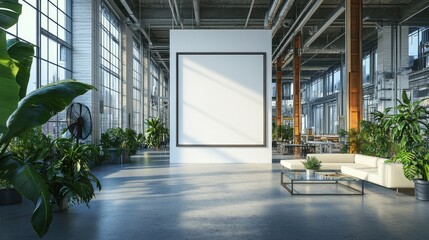 Wall Mural - Modern Industrial Loft Space with Blank Canvas and Greenery