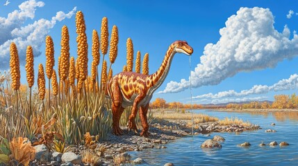 Wall Mural - Dinosaur by a Riverbank on a Sunny Day with Tall Grasses and Clouds in the Sky