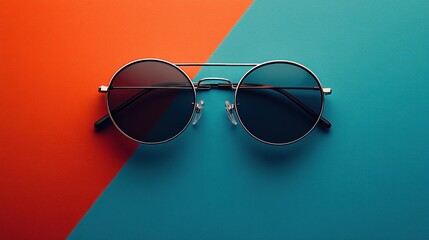 Wall Mural - Round sunglasses on vibrant orange and blue background.