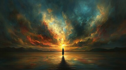 Wall Mural - Vibrant Sunset Over Water with Silhouette Against Colorful Sky