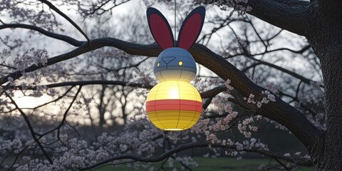 Wall Mural - Glowing Lantern with Rabbit Ears Hanging from Cherry Blossom Tree Branch at Dusk