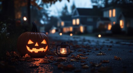 Wall Mural - A pumpkin and a lantern on the side of an empty street, with houses in the background