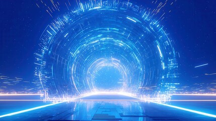 Poster - Neon Tunnel of Light, an abstract corridor illuminated by dynamic rays, featuring a deep blue backdrop, round arches, and vibrant highlights that evoke a sense of motion and depth.