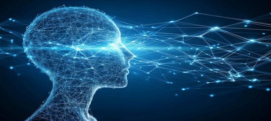 Poster - Digital Human Head With Glowing Network On Abstract, Cosmic Background, Conceptual Artwork