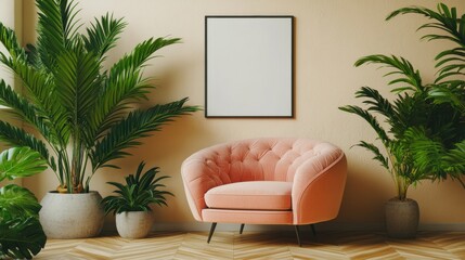 Wall Mural - Cozy Pink Sofa Surrounded by Lush Green Plants in Minimalist Decor