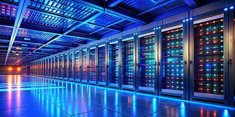 Poster - Modern High-Tech Server Room: Glowing Servers & Organized Data Racks in a Clean Data Center