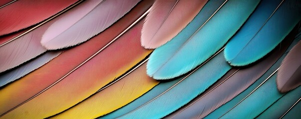 Poster - Vibrant and Colorful Feathers Displaying Nature's Intricate Patterns of Blue, Green, Yellow, and Red Hues in an Abstract Artistic Composition