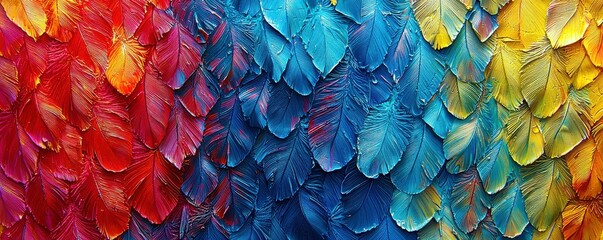 Poster - Vibrant and Colorful Background of Overlapping Feathers in Bold Red, Blue, Yellow, and Orange Tones for Creative and Artistic Designs