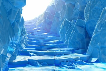 Frozen ice staircase surrounded by large ice blocks in a snowy landscape under a bright blue sky with clouds. Fantasy winter scene with icy steps leading upwards. Concept of frozen nature and winter.