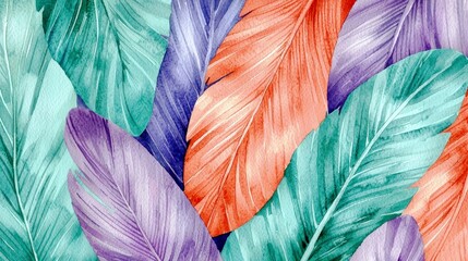 Poster - Vibrant Watercolor Feathers in Turquoise, Purple, and Coral Colors for Use in Design Projects and Backgrounds