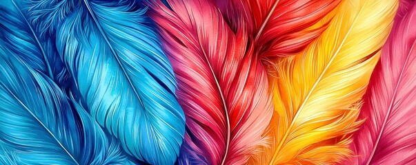 Poster - Vibrant Colorful Feathers with Blue, Red, Yellow, and Orange Tones on a Smooth Background for Art and Design Projects