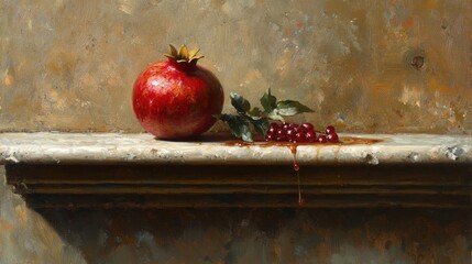 Wall Mural - Red Pomegranate with Berries on Shelf Against Textured Wall