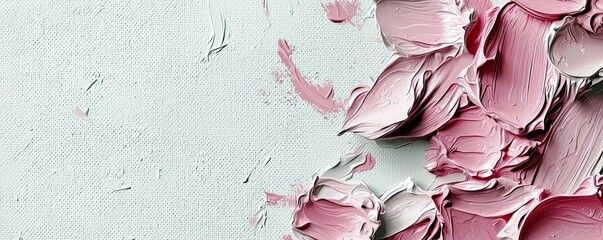 Poster - Abstract floral painting in soft pink tones on textured canvas background, showcasing artistic brushstrokes and gentle color gradients for decor purposes.