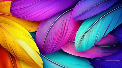 Poster - Colorful feathers in vibrant shades of purple, blue, yellow, and pink arranged beautifully for artistic backgrounds and creative projects