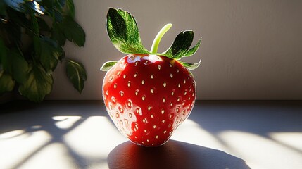 Wall Mural - Fresh Red Strawberry with Green Leaves and Natural Sunlight Effect