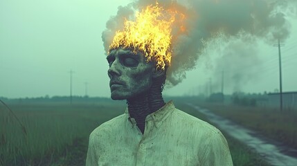 Wall Mural - Cinematic Scene of Man in Dark Field with Burning Head, Surrounded by Smoke and Haze