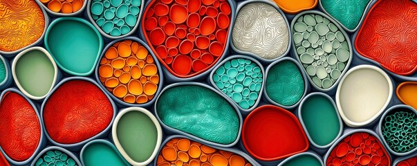 Poster - Colorful Abstract Composition of Organic Shapes and Textures with a Vibrant Palette of Red, Orange, Green, and Blue in a Modern Design Aesthetic