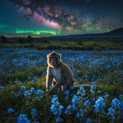 Wall Mural - A monkey in a meadow of glowing blue flowers, under a sky filled with auroras.