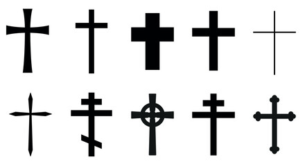 Wall Mural - Christian cross, black and white vector silhouette illustration of religious cross shape, isolated on white, icon set