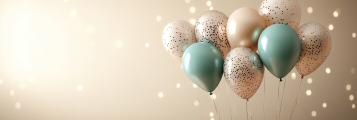 Wall Mural - Pastel Mint And Gold Balloons On A Gentle Cream Background With Bokeh, Festive Celebration Concept