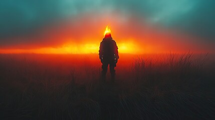 Wall Mural - Cinematic Scene of Man in Dark Field with Burning Head, Surrounded by Smoke and Haze