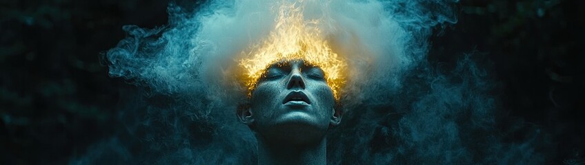 Wall Mural - Cinematic Scene of Man in Dark Field with Burning Head, Surrounded by Smoke and Haze