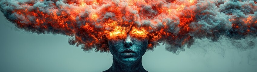 Wall Mural - Cinematic Scene of Man in Dark Field with Burning Head, Surrounded by Smoke and Haze