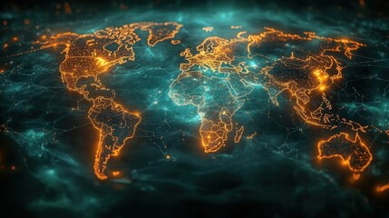 Poster - a glowing world map on a dark background highlighting globalization and connectivity in modern socie