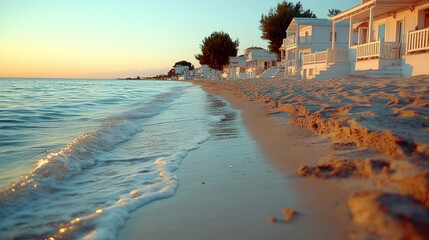 Canvas Print - Sunset beach houses, ocean waves.