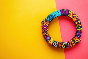 Poster - Colorful patterned circular textile band on yellow and pink background