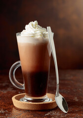 Wall Mural - Hot chocolate with whipped cream in a glass mug.