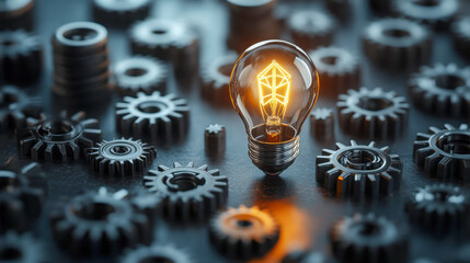Poster - Light bulb illuminated among gears representing innovation and technology in a mechanical workshop setting