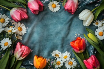 Poster - Colorful Tulips and Daisies Arranged on Fabric