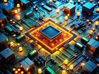 Poster - Panoramic Abstract Circuit Board: Glowing Tech Background
