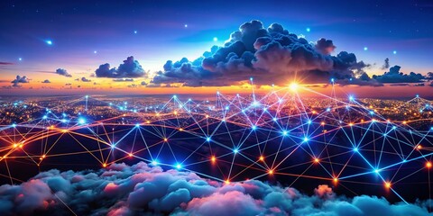 Poster - Panoramic Abstract Network: Cloud Computing Connections, Digital Data Flow, Global Server Infrastructure