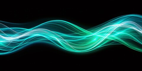 Poster - Panoramic Abstract Turquoise Green Wave Lines Glowing Light Black Background Stock Photo